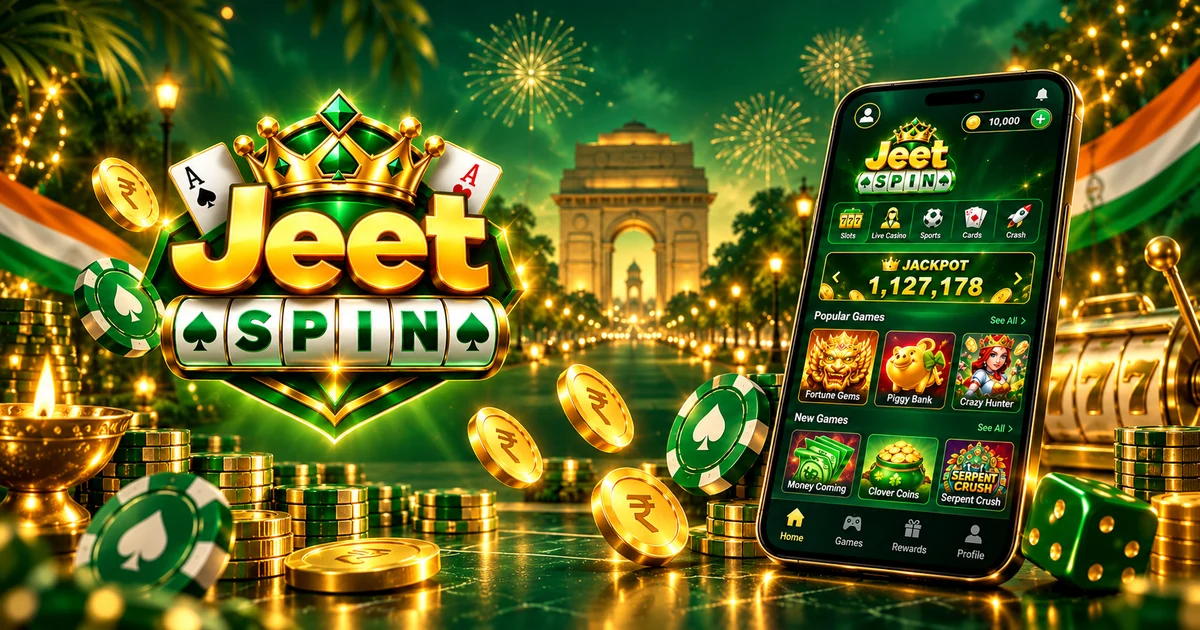 Wide Jeet Spin emerald and gold artwork with crown logo and mobile app design
